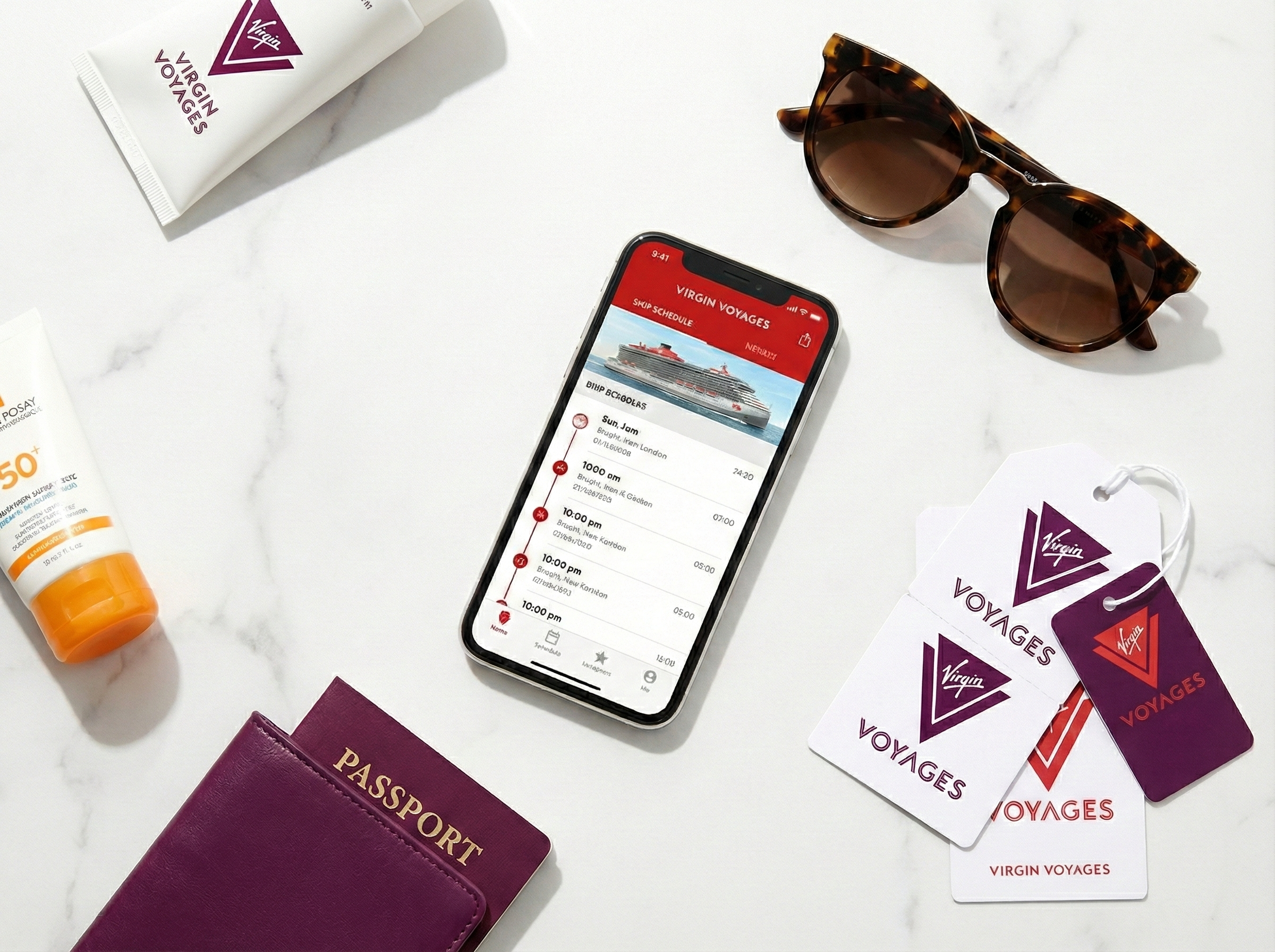 Essential items for Virgin Voyages embarkation day including the Virgin Voyages app, cruise band, passport, luggage tags, and sunscreen