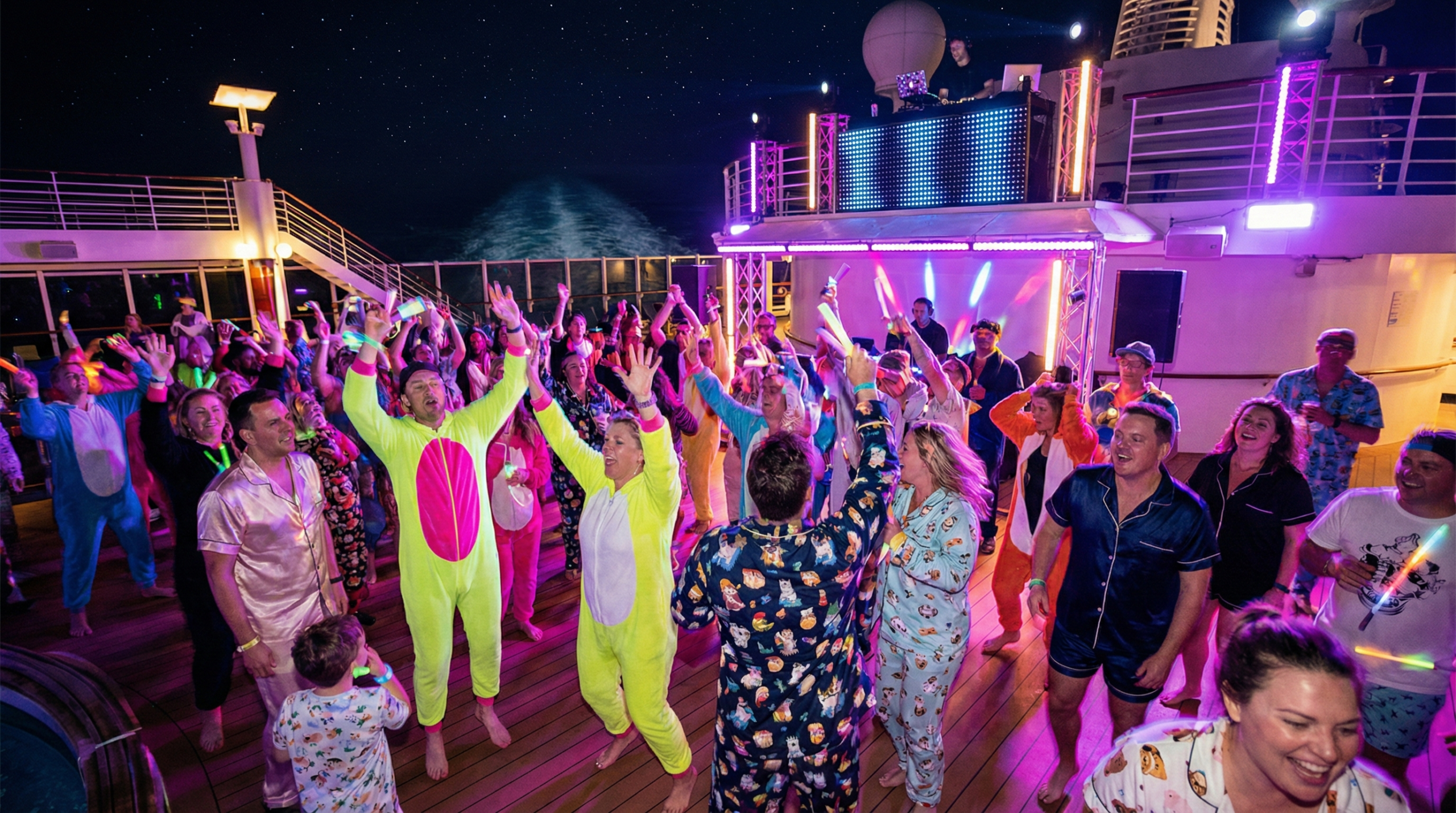 Adults dancing in colorful pajamas at the PJ Party on Virgin Voyages under neon lights on the pool deck at night