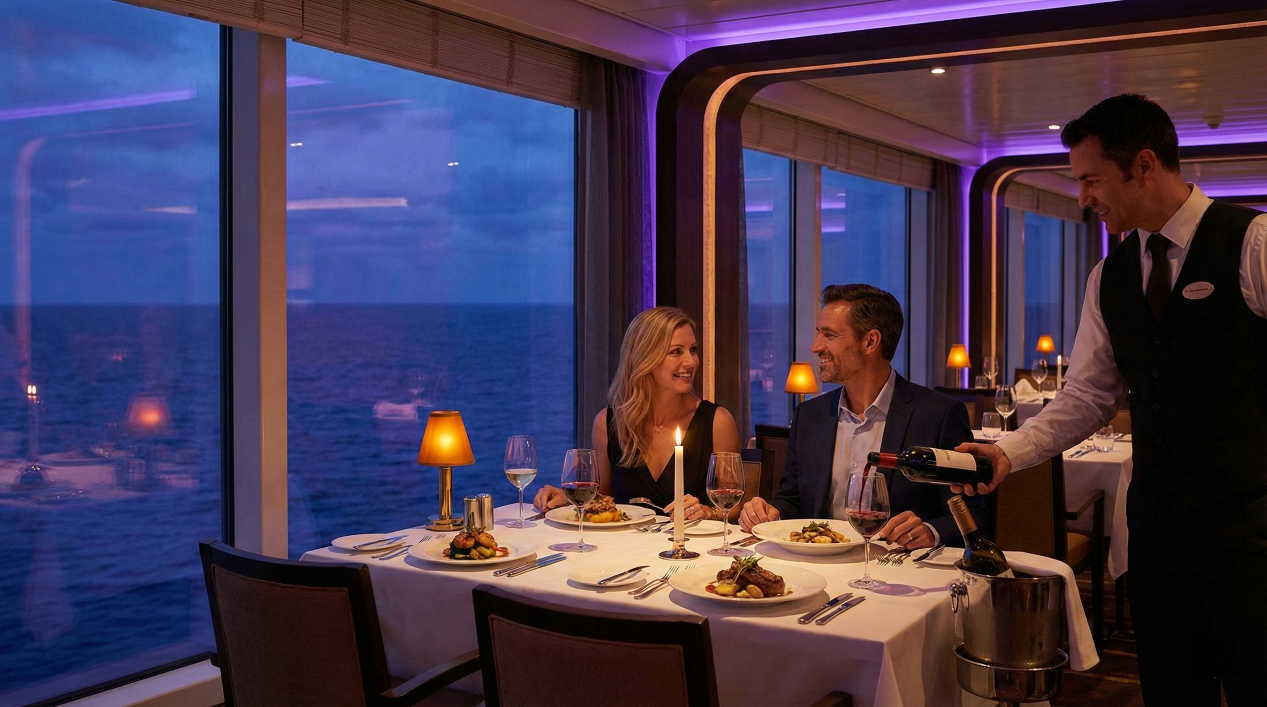 Romantic couple enjoying an intimate dinner at an upscale cruise ship restaurant
