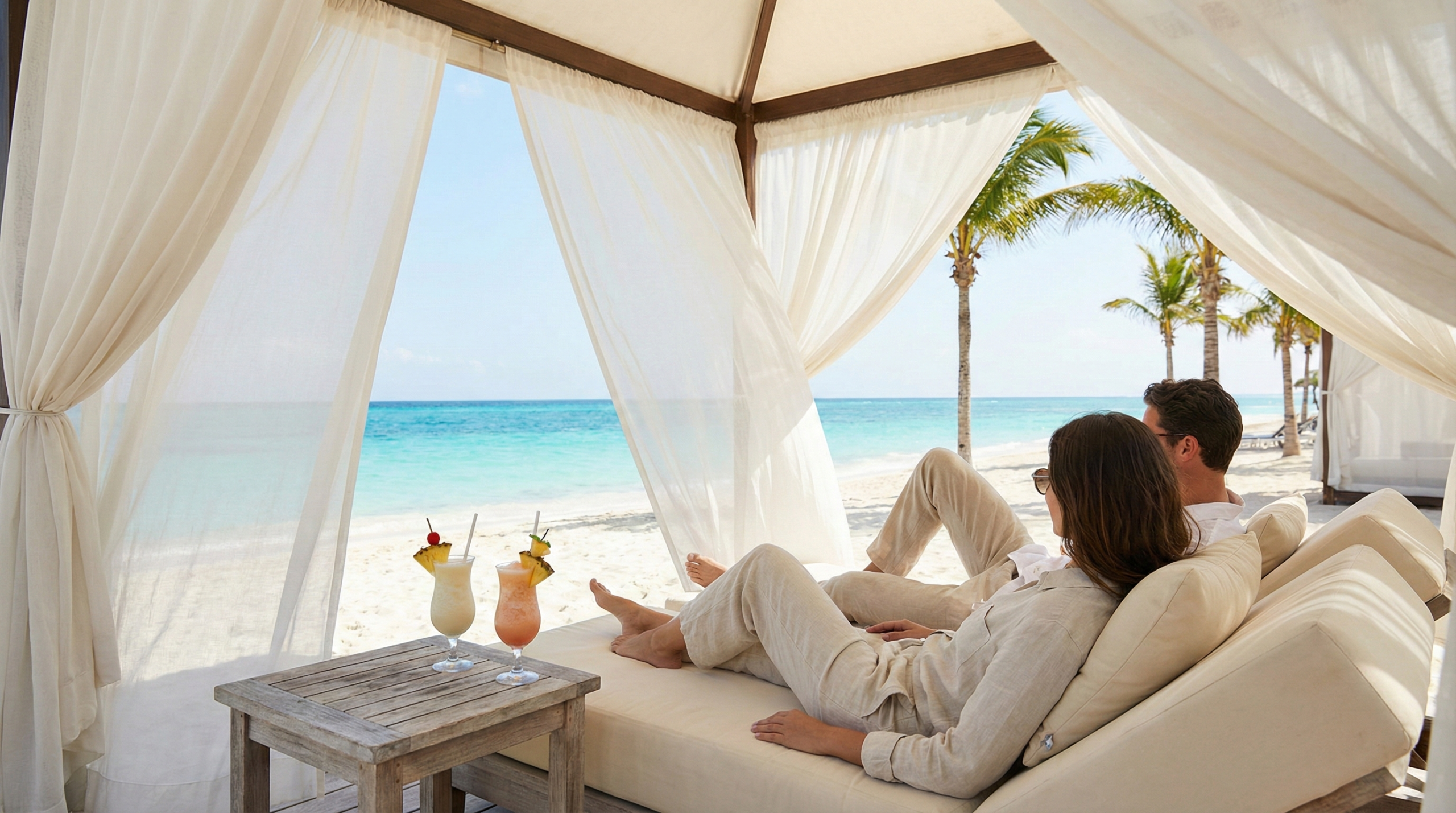 Couple relaxing in a private cabana at the Beach Club at Bimini