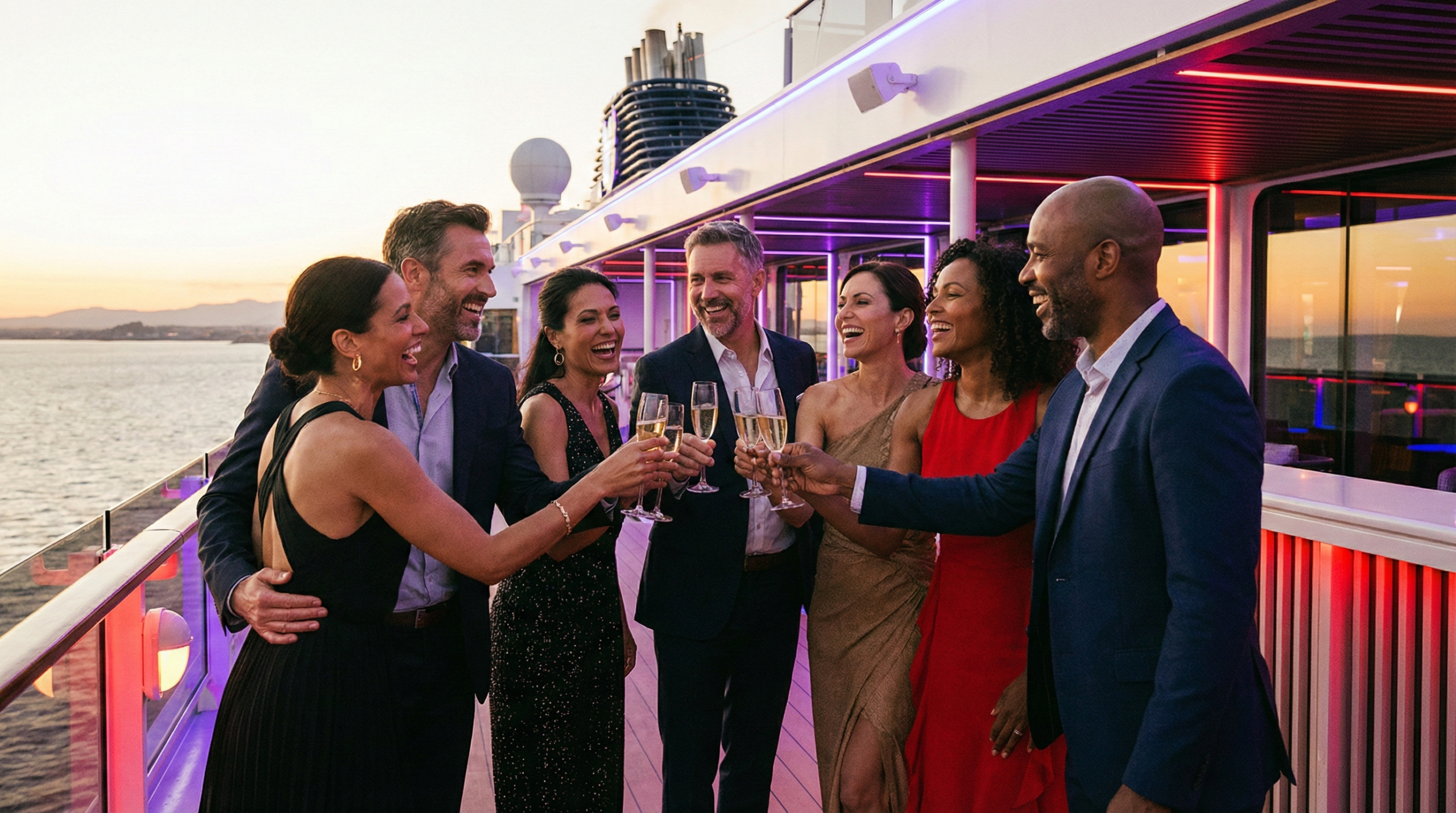 Group of friends celebrating together on a cruise ship deck at sunset
