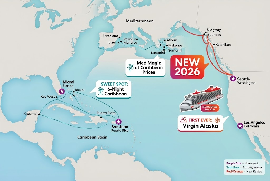Map highlighting the best Virgin Voyages itineraries for Cyber Monday 2025 including Caribbean routes from Miami and San Juan, Mediterranean sailings, and the new-for-2026 Alaska voyages departing from Seattle and Los Angeles