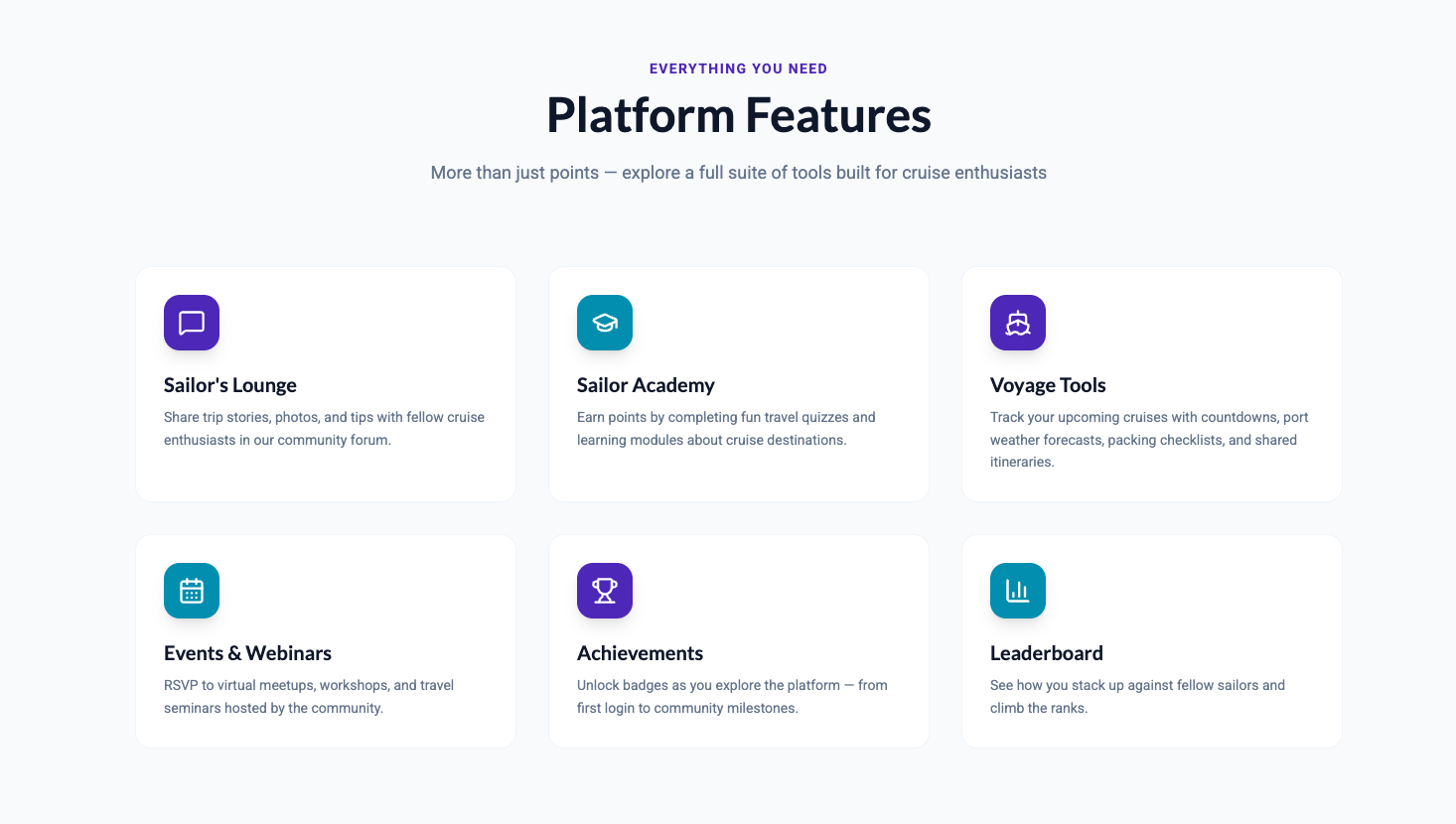 CJ Travel Connect — Platform Features including Sailor's Lounge, Sailor Academy, Voyage Tools, and more
