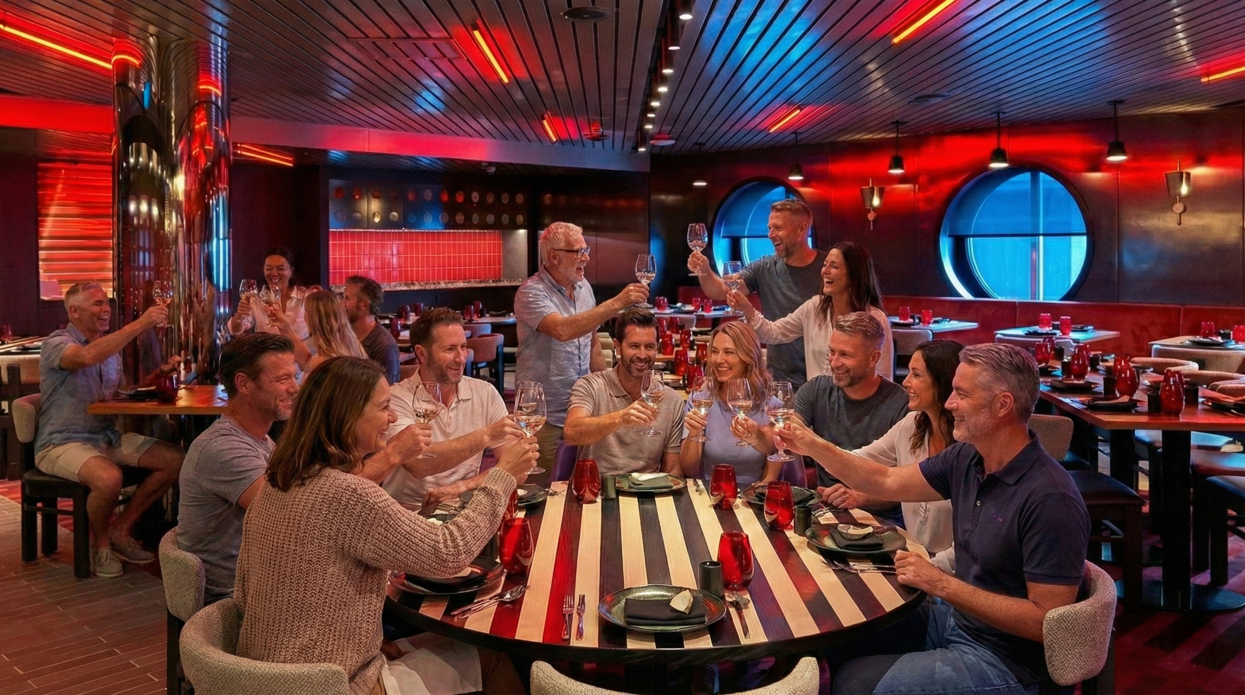 Class reunion group enjoying private dinner at a Virgin Voyages signature restaurant