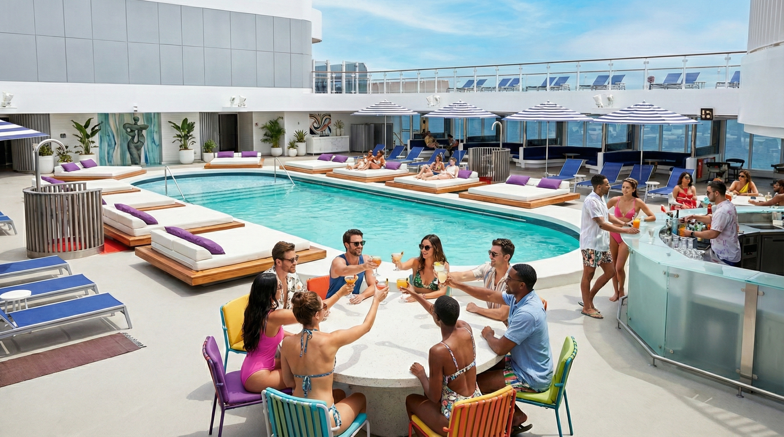 Adults enjoying the stylish pool deck aboard Virgin Voyages, perfect for class reunion socializing