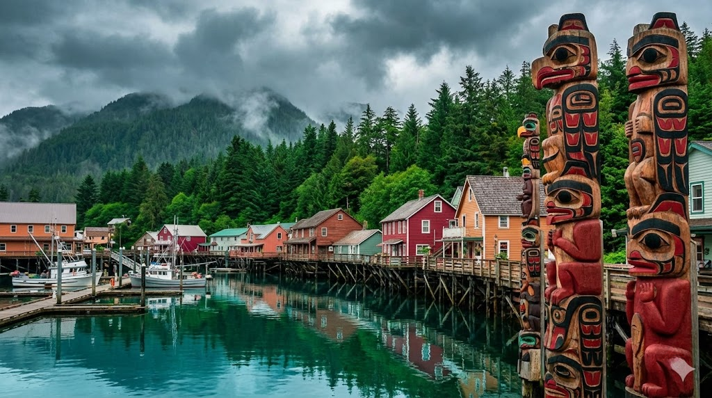 Ketchikan Alaska waterfront with historic Creek Street buildings and traditional Tlingit totem poles against Tongass National Forest backdrop