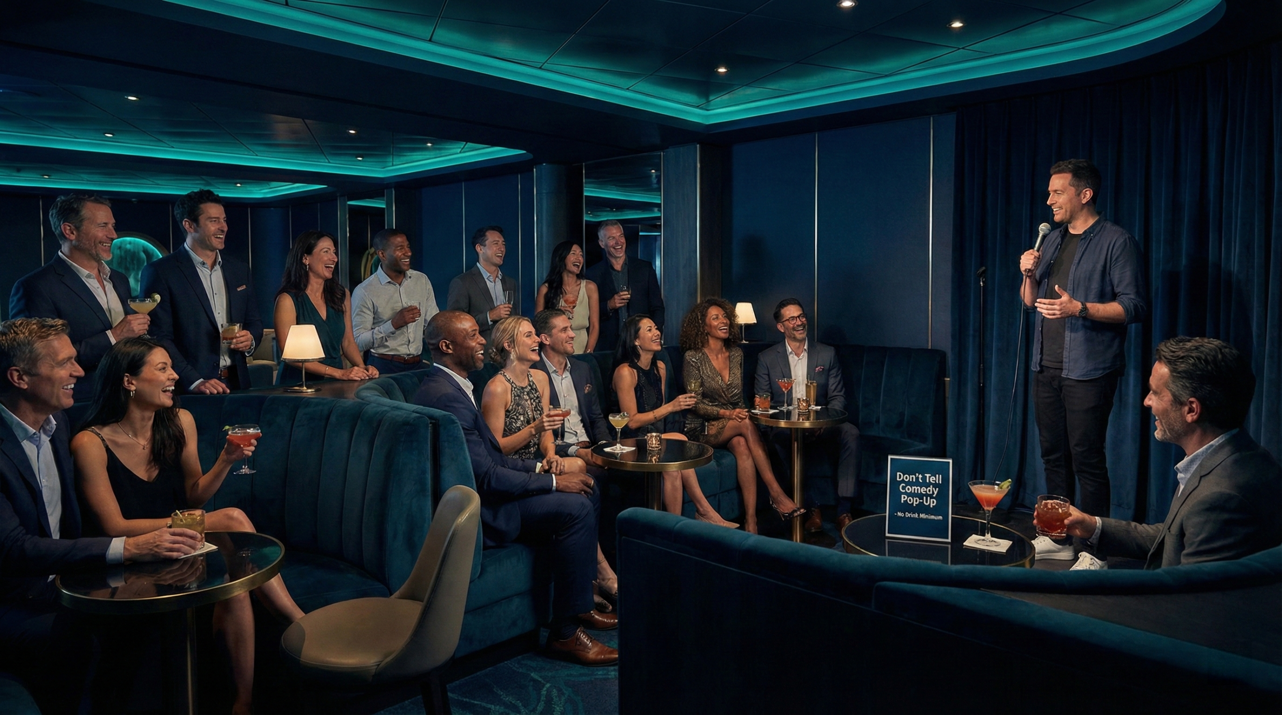 Comedian Shapel Lacey performing on stage at a Don't Tell Comedy event inside The Manor nightclub on the Virgin Voyages Valiant Lady, with a laughing audience and purple and blue lighting.