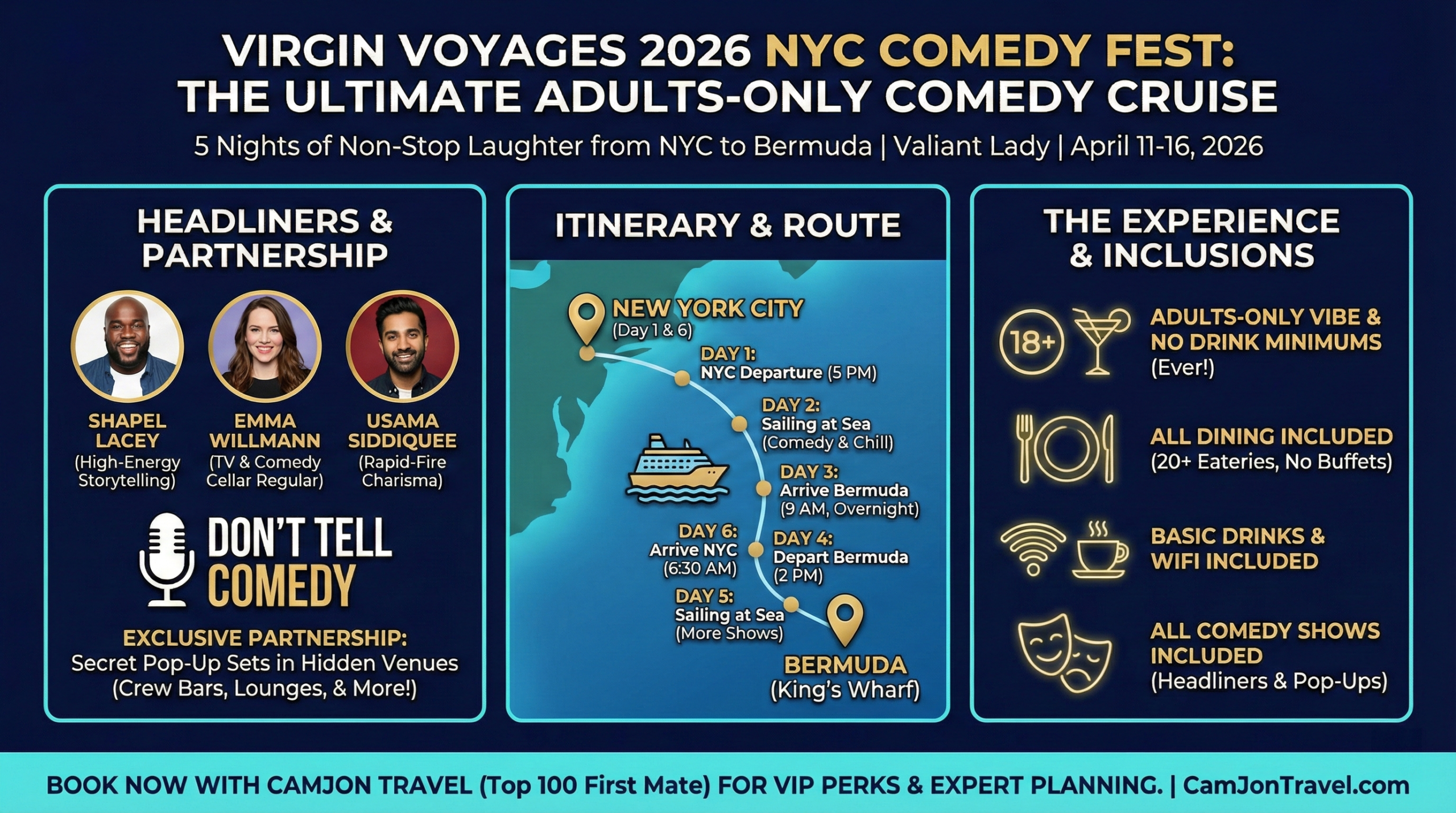 Infographic detailing the Virgin Voyages 2026 NYC Comedy Fest, including headliners Shapel Lacey, Emma Willmann, and Usama Siddiquee, the Don't Tell Comedy partnership, itinerary, and inclusions.