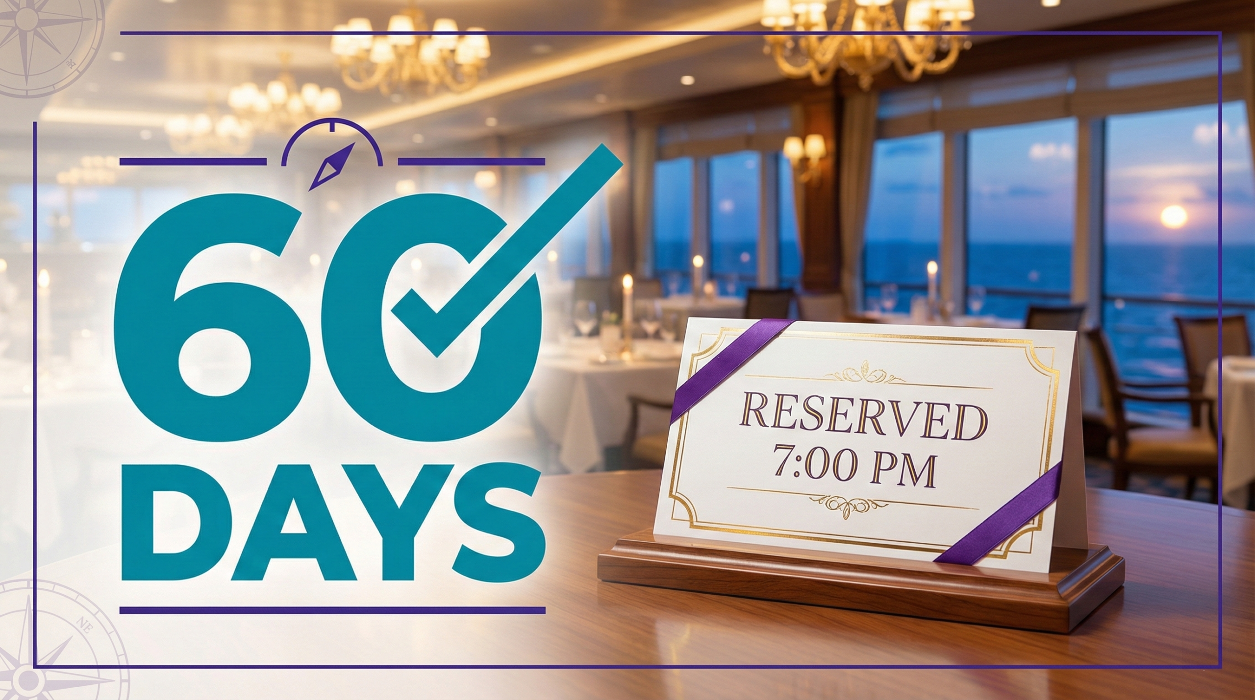 Elegant cruise ship restaurant table setting with ocean view at twilight