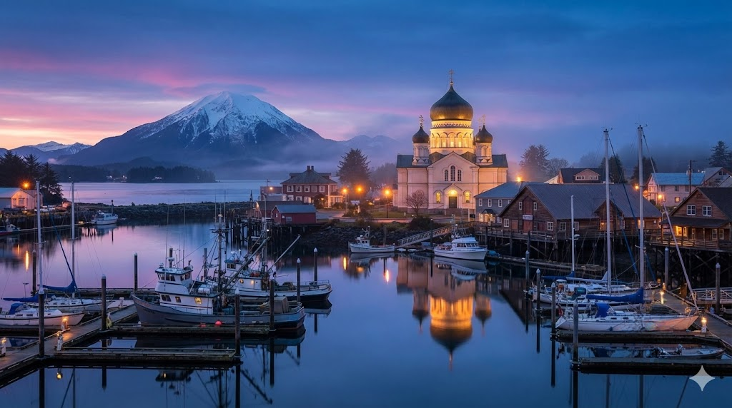 Sitka Alaska harbor at twilight featuring Russian Orthodox cathedral architecture and Mount Edgecumbe in the background