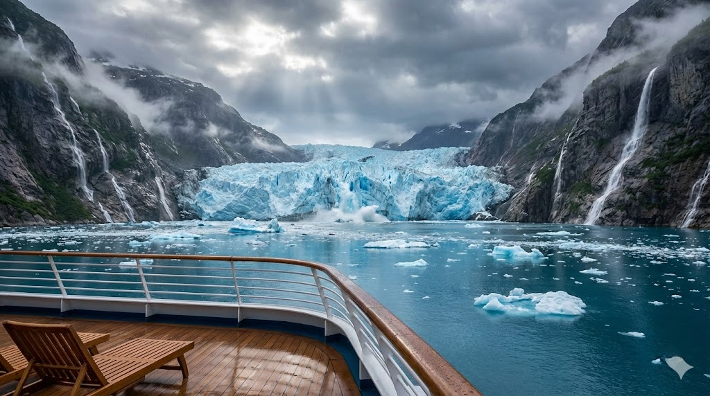 Scenic view of Tracy Arm Fjord Alaska with towering glaciers, floating icebergs, and cascading waterfalls along granite cliff walls