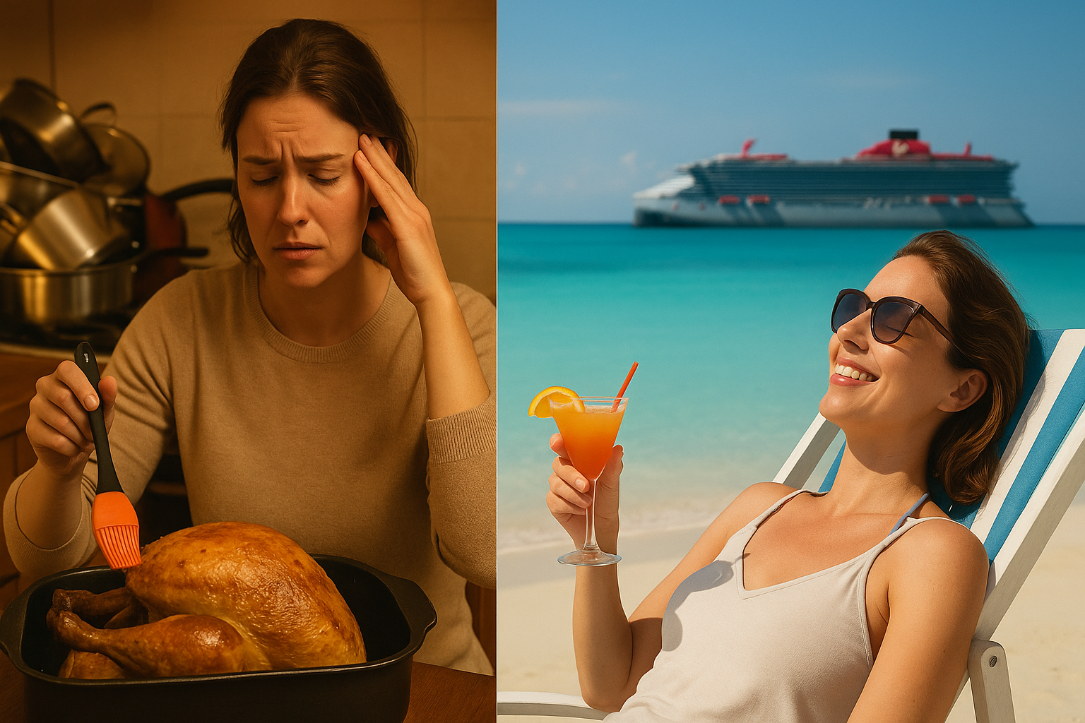 A gourmet Thanksgiving turkey dinner served on a Virgin Voyages cruise ship