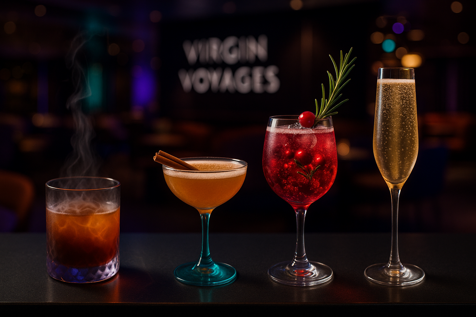 A festive lineup of four holiday-themed cocktails from Virgin Voyages, showcasing special libations for Halloween, Thanksgiving, Christmas, and New Year's Eve.