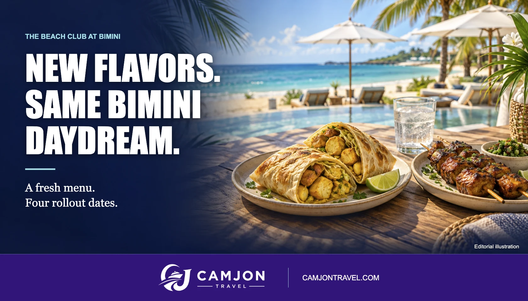 CamJon Travel cover reading New Flavors. Same Bimini Daydream., with an illustrated Caribbean lunch and beach.