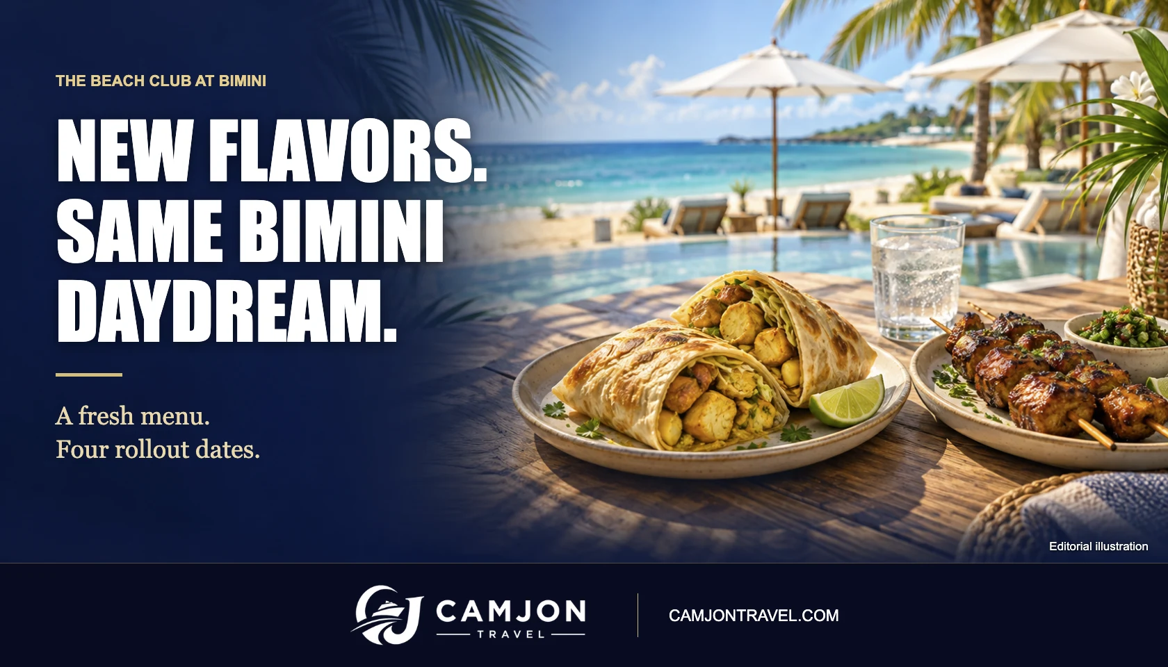 CamJon Travel cover reading New Flavors. Same Bimini Daydream., with an illustrated Caribbean lunch and beach.