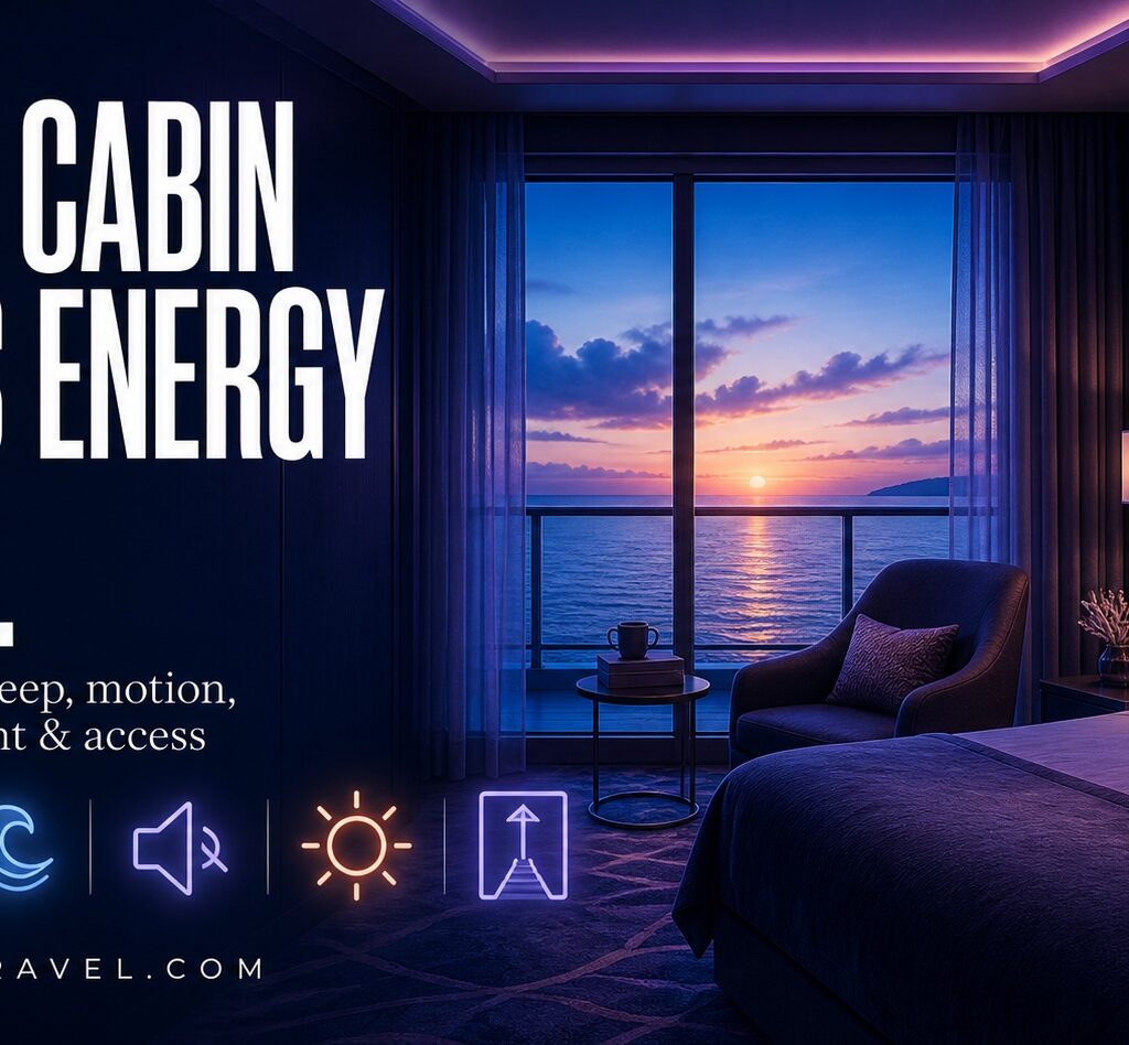 Cruise cabin transformed into a calm recovery room with five glowing symbols for sleep, motion, quiet, daylight, and access
