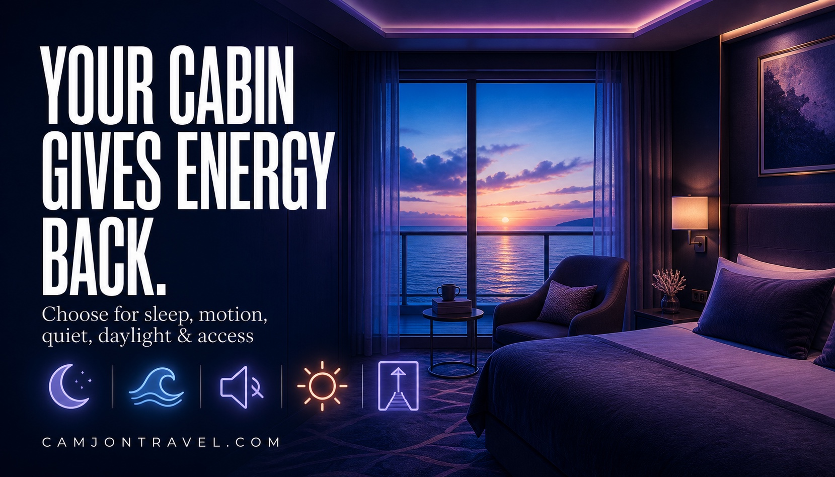 Cruise cabin transformed into a calm recovery room with five glowing symbols for sleep, motion, quiet, daylight, and access