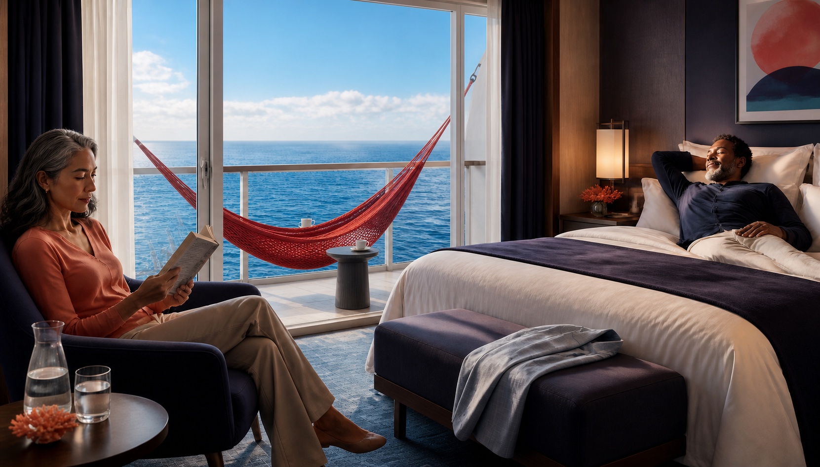 Two adult travelers restoring their energy in a calm cruise cabin beside a sunlit ocean balcony with a woven red hammock.