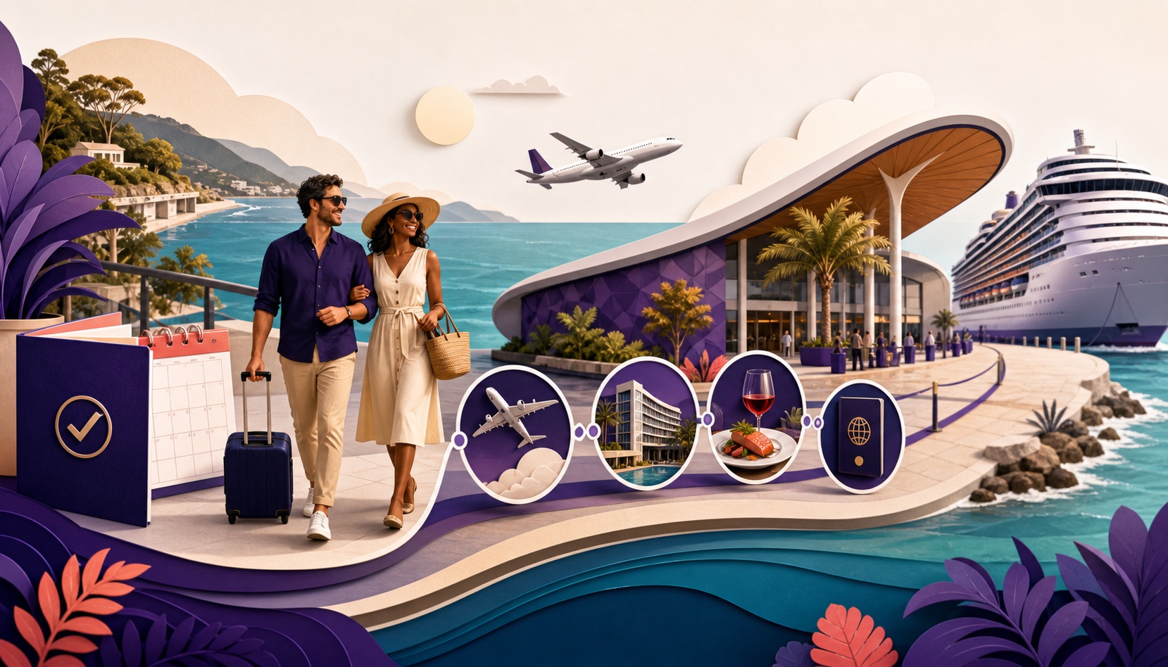 Cruise travelers moving through booking checkpoints for flights, hotel, dining, documents, and boarding.