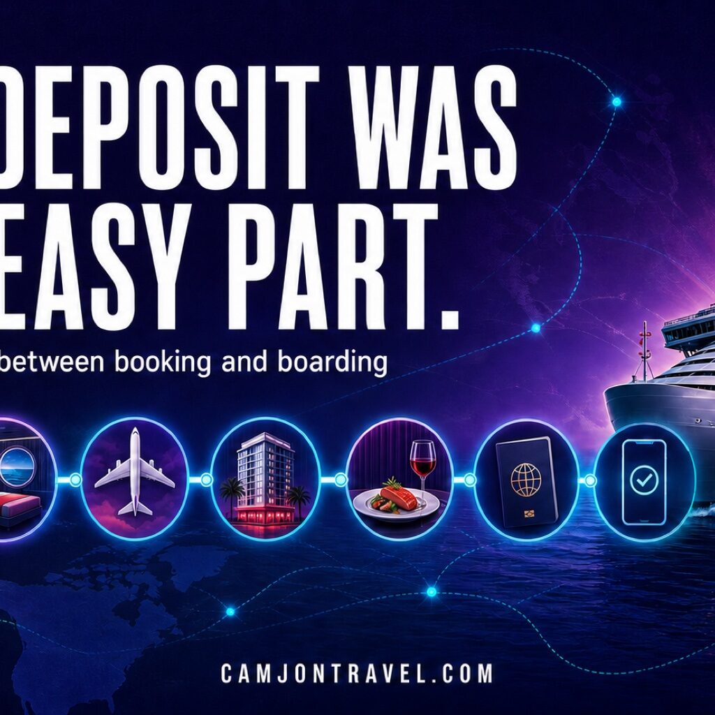 Virgin Voyages planning timeline from cruise deposit through boarding day