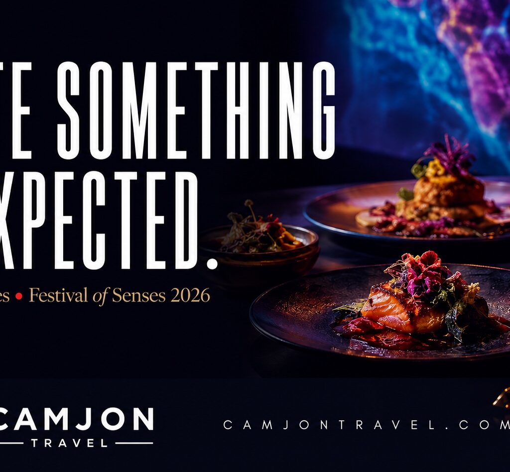 Stylized food and cocktails with the headline Taste Something Unexpected and the CamJon Travel logo.