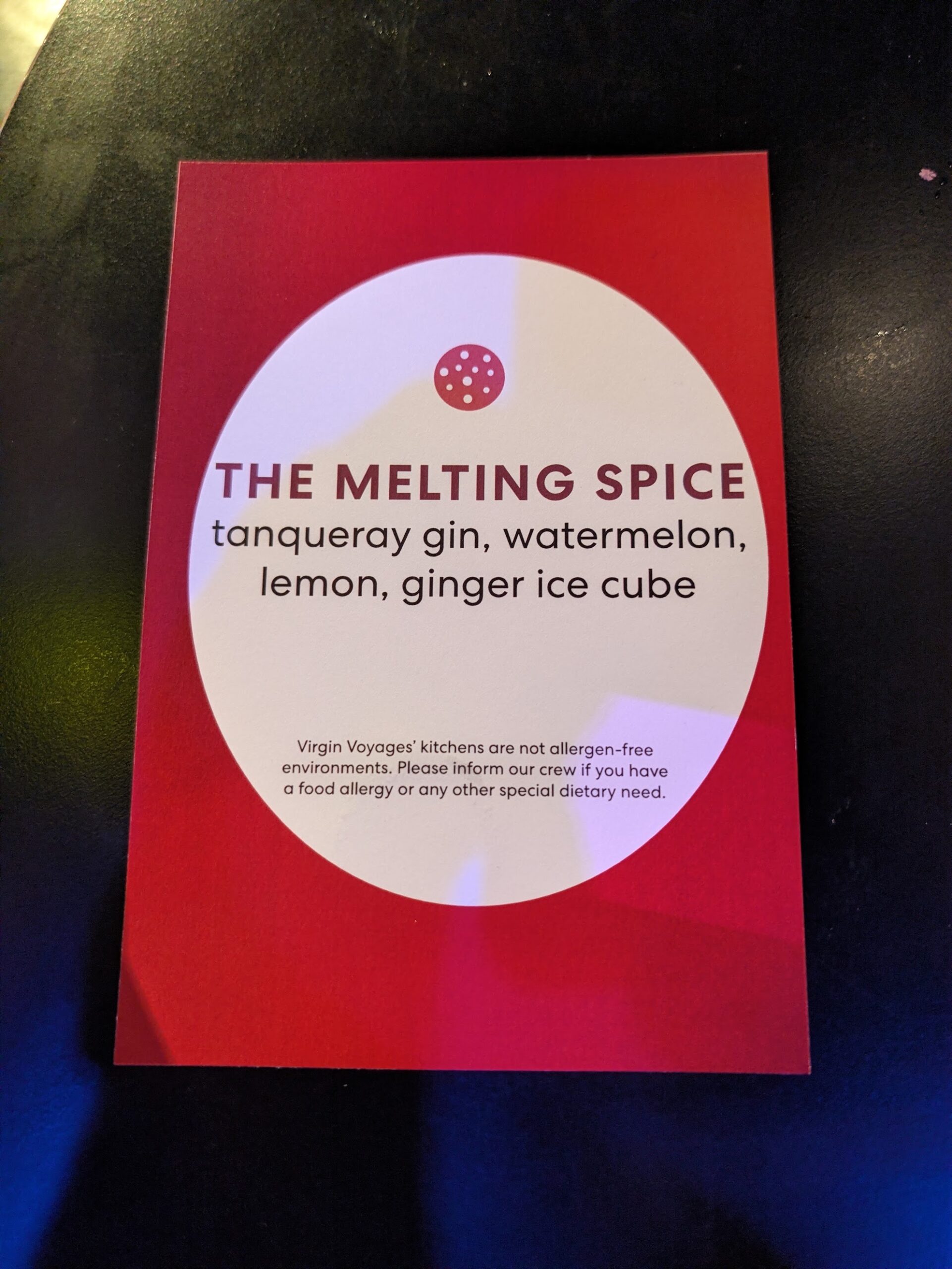 The Melting Spice cocktail card listing Tanqueray gin, watermelon, lemon, and a ginger ice cube.