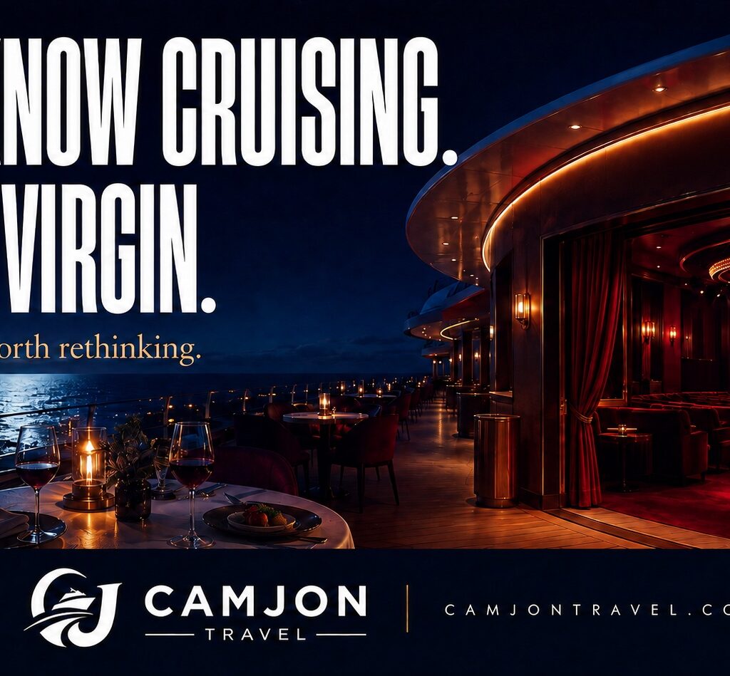 CamJon Travel editorial illustration of an elegant cruise evening with the headline You Know Cruising. Meet Virgin.