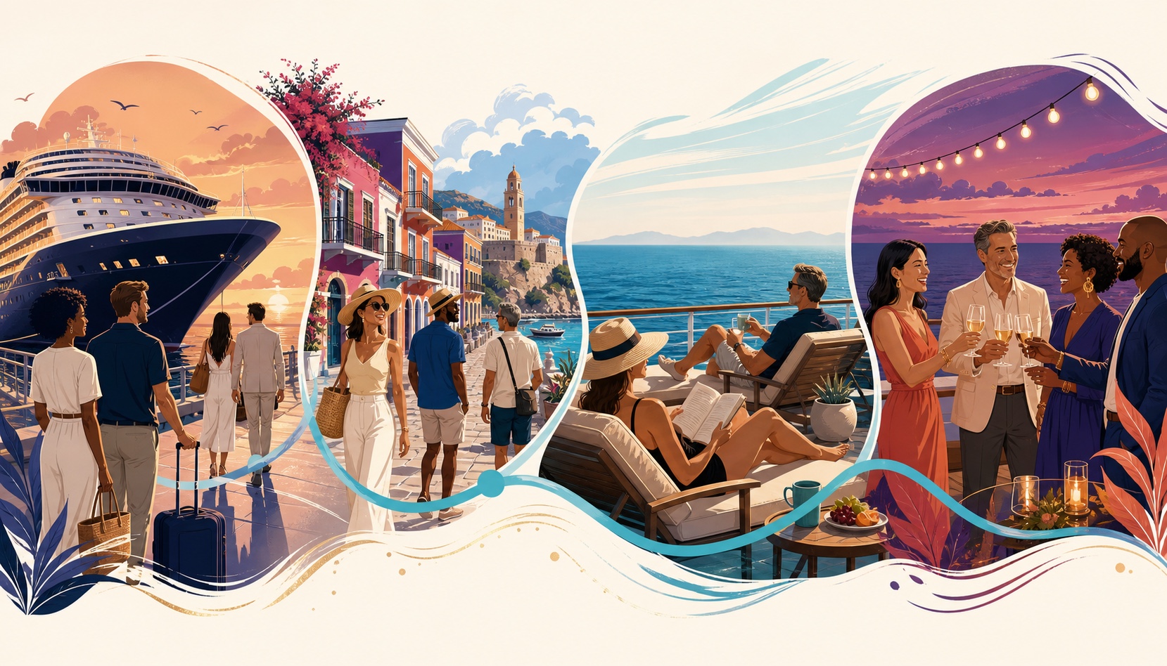 Diverse adult travelers enjoying four distinct cruise chapters: boarding, a port adventure, an unhurried sea day, and a glowing final evening.