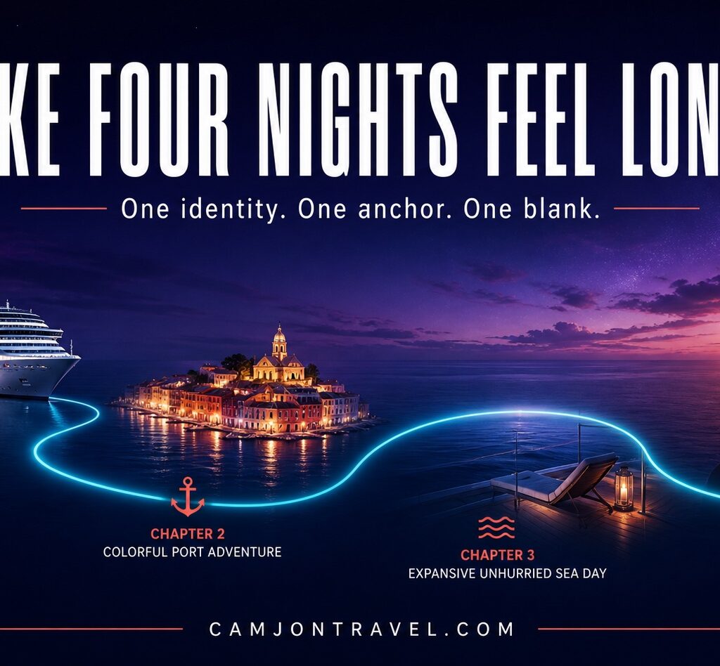 Four glowing voyage chapters expanding across a cruise route from embarkation to a golden final evening