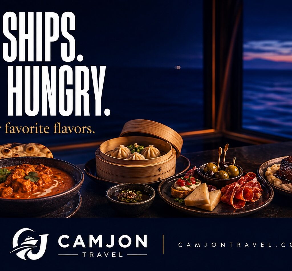 CamJon Travel editorial illustration of four cuisines with the headline Four Ships. Come Hungry.