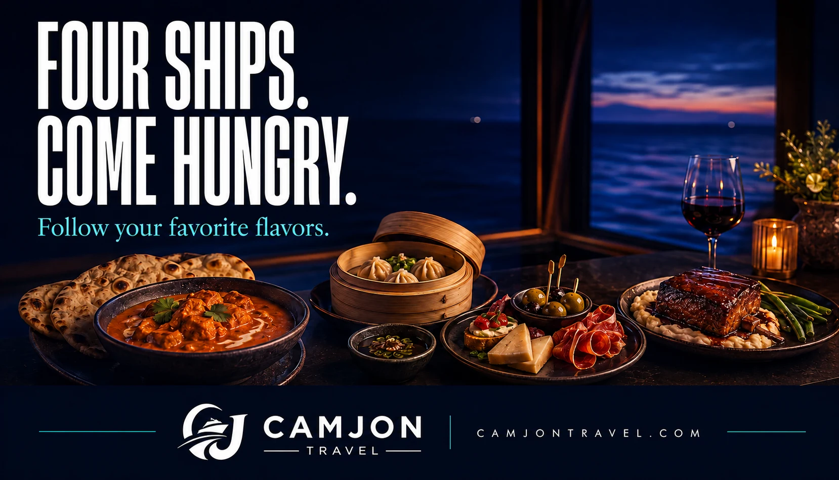 CamJon Travel editorial illustration of four cuisines with the headline Four Ships. Come Hungry.