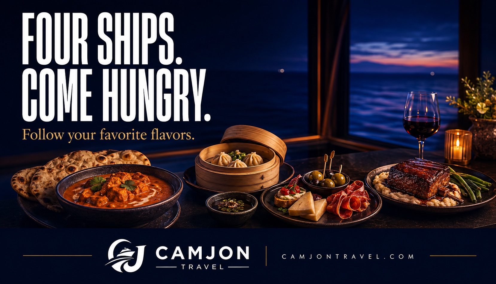 CamJon Travel editorial illustration of four cuisines with the headline Four Ships. Come Hungry.