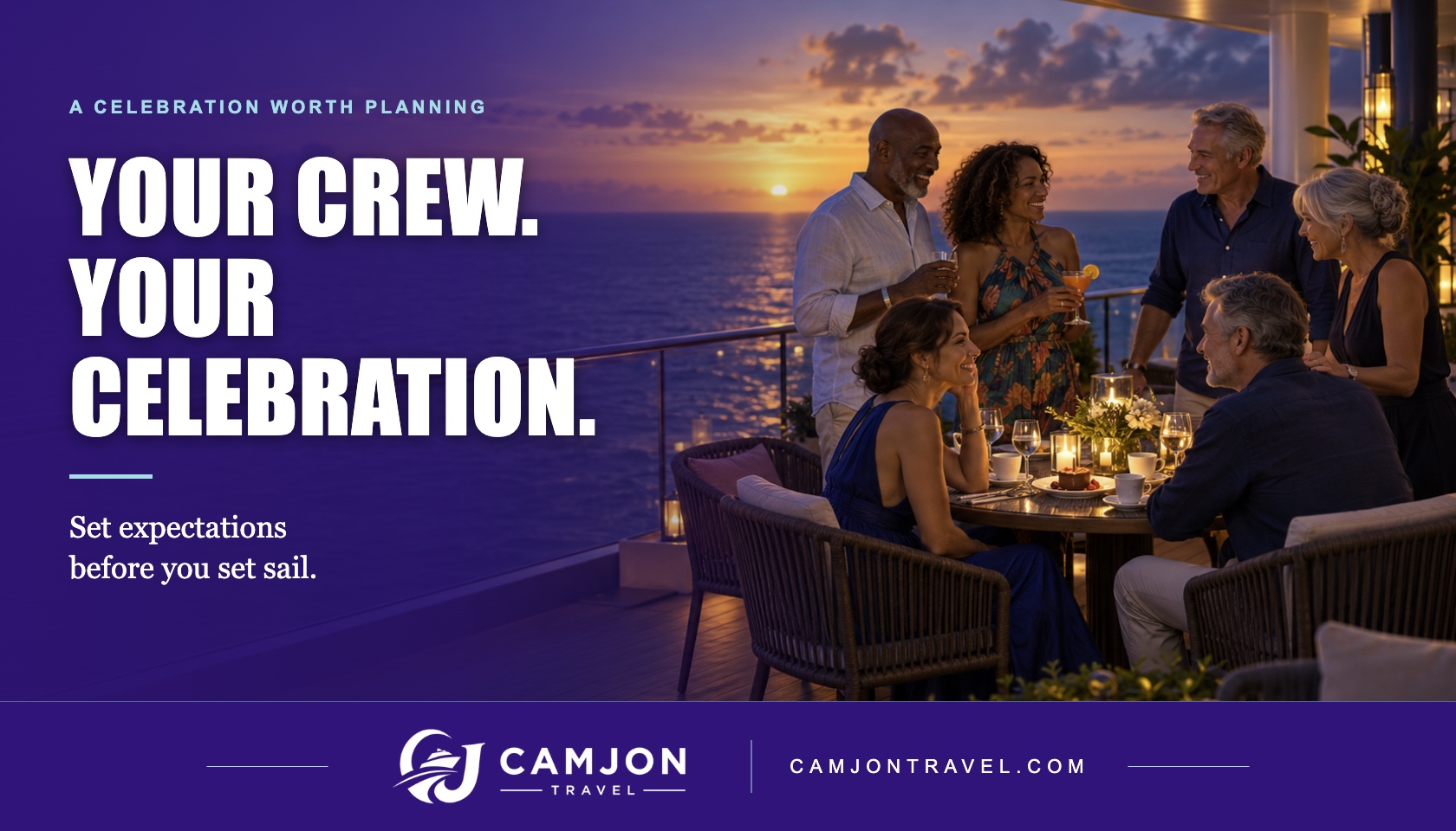 CamJon Travel cover titled Your Crew. Your Celebration. with six adult friends enjoying a sunset gathering beside the sea.