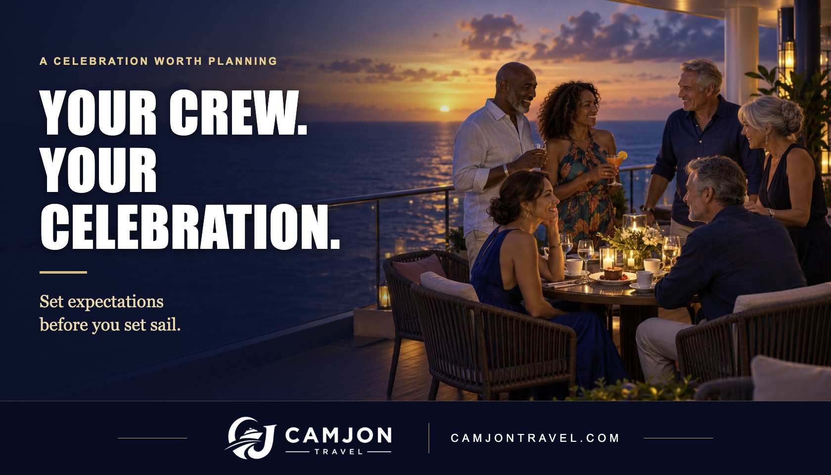 CamJon Travel cover titled Your Crew. Your Celebration. with six adult friends enjoying a sunset gathering beside the sea.