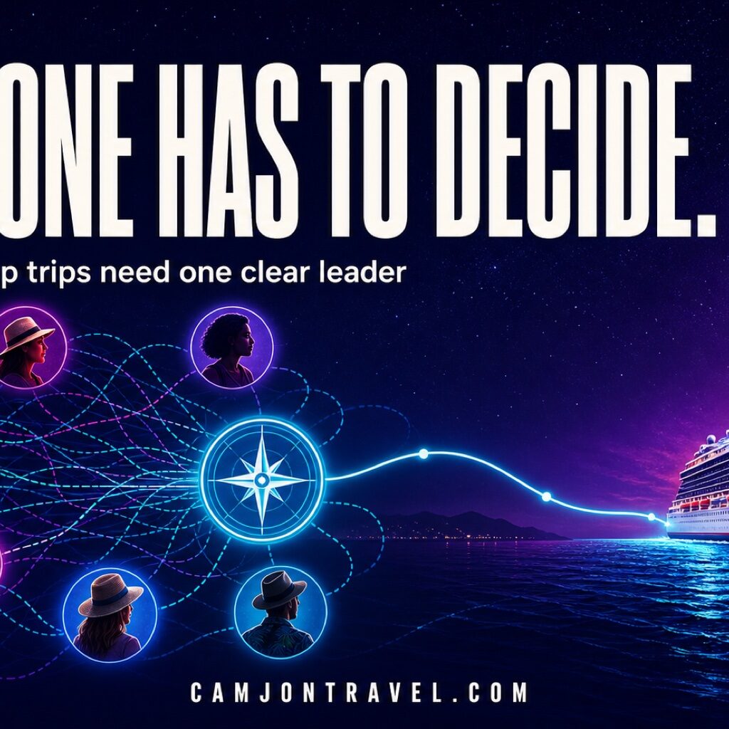 One clear group leader guiding multiple travelers toward a Virgin Voyages cruise