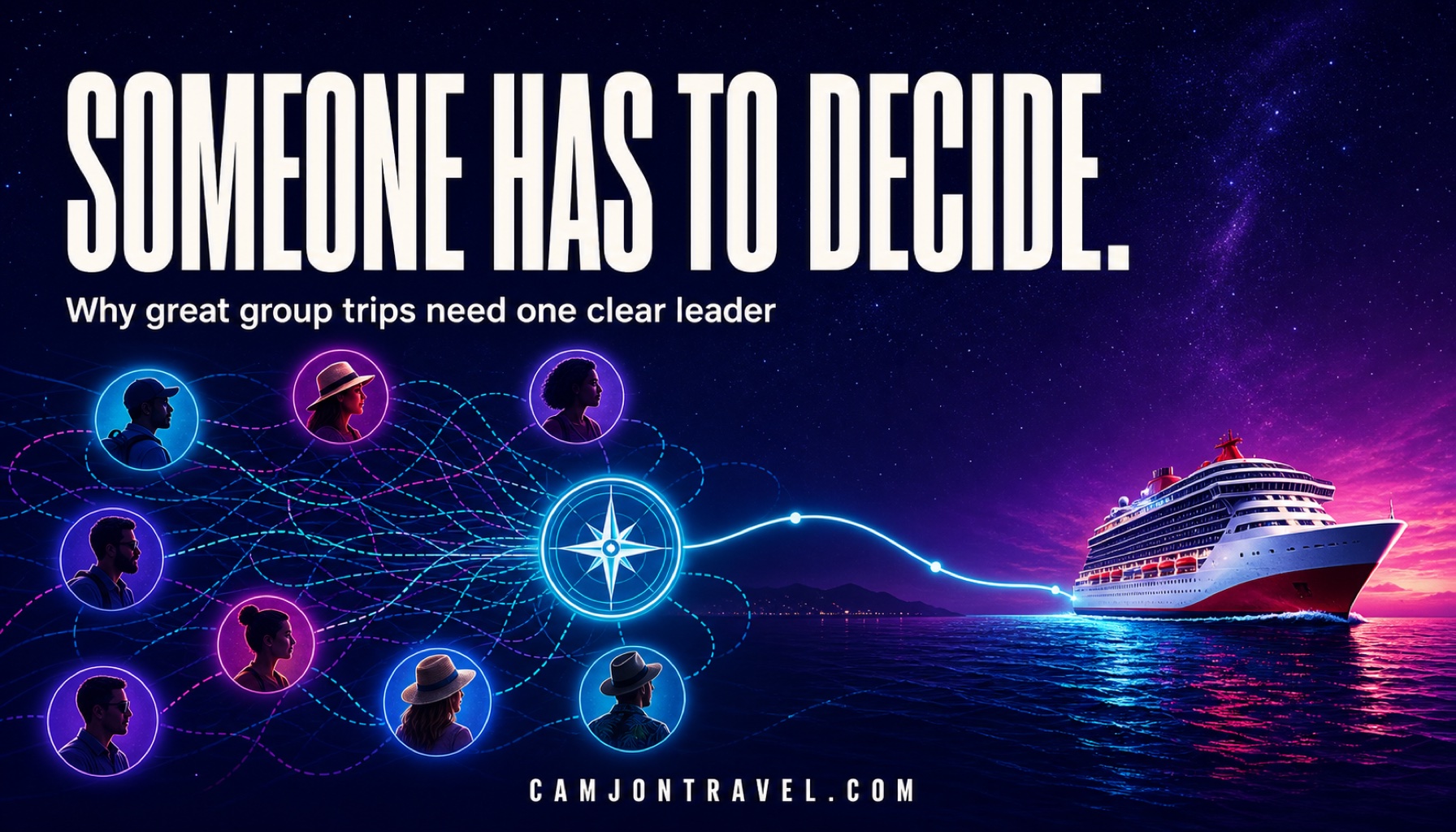 One clear group leader guiding multiple travelers toward a Virgin Voyages cruise