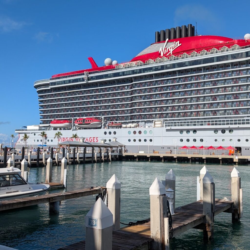 Virgin Voyages Lady Ship docked and ready for Sailors