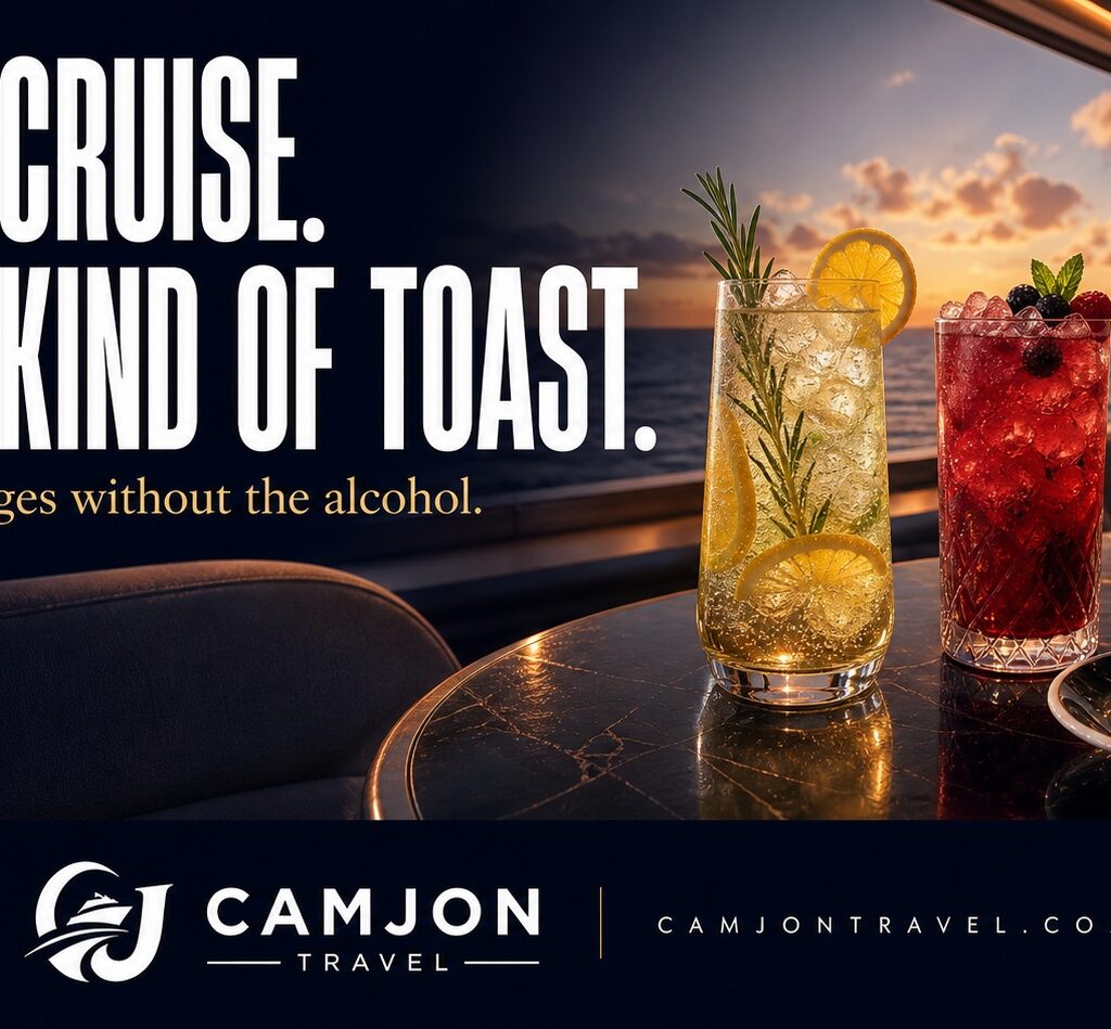 CamJon Travel illustration of citrus and berry mocktails beside coffee, with the headline Your Cruise. Your Kind of Toast.