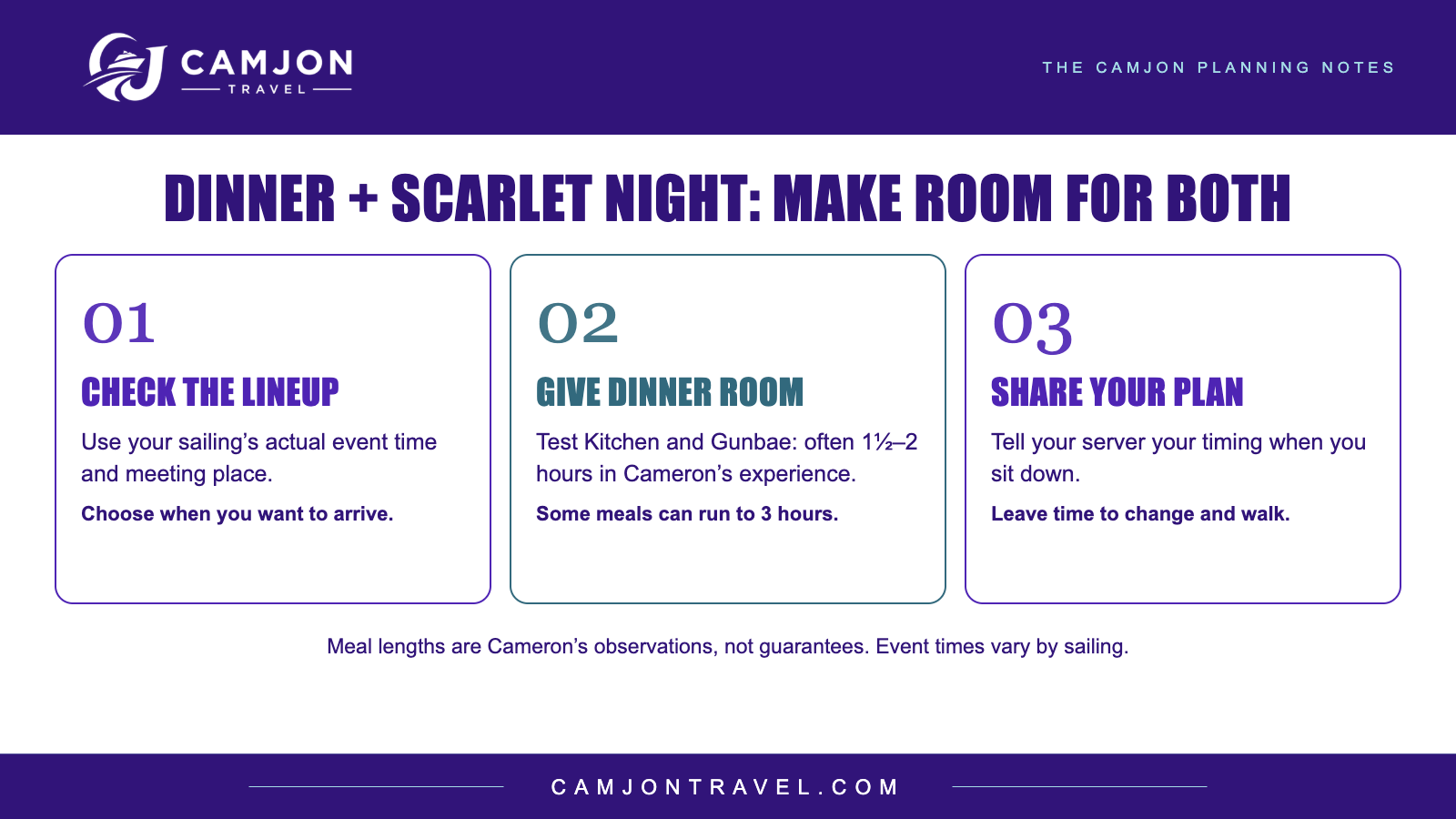 Three steps for dinner and Scarlet Night: check the actual lineup; allow room for a longer meal; tell your server your plans and leave time to change and walk.