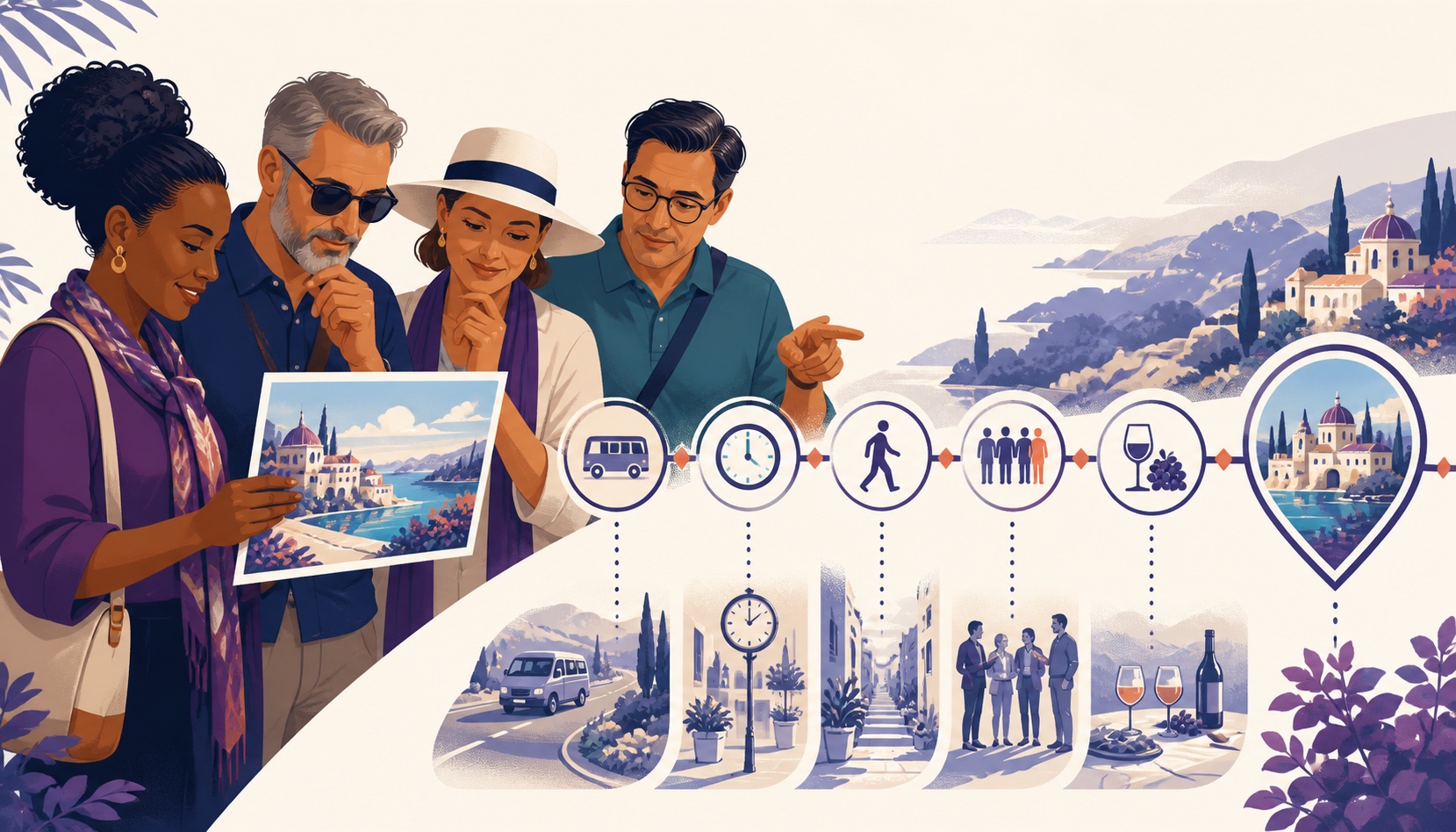 Adult cruise travelers comparing a glossy shore-excursion promise with the real transport, timing, walking, food, and destination experience.