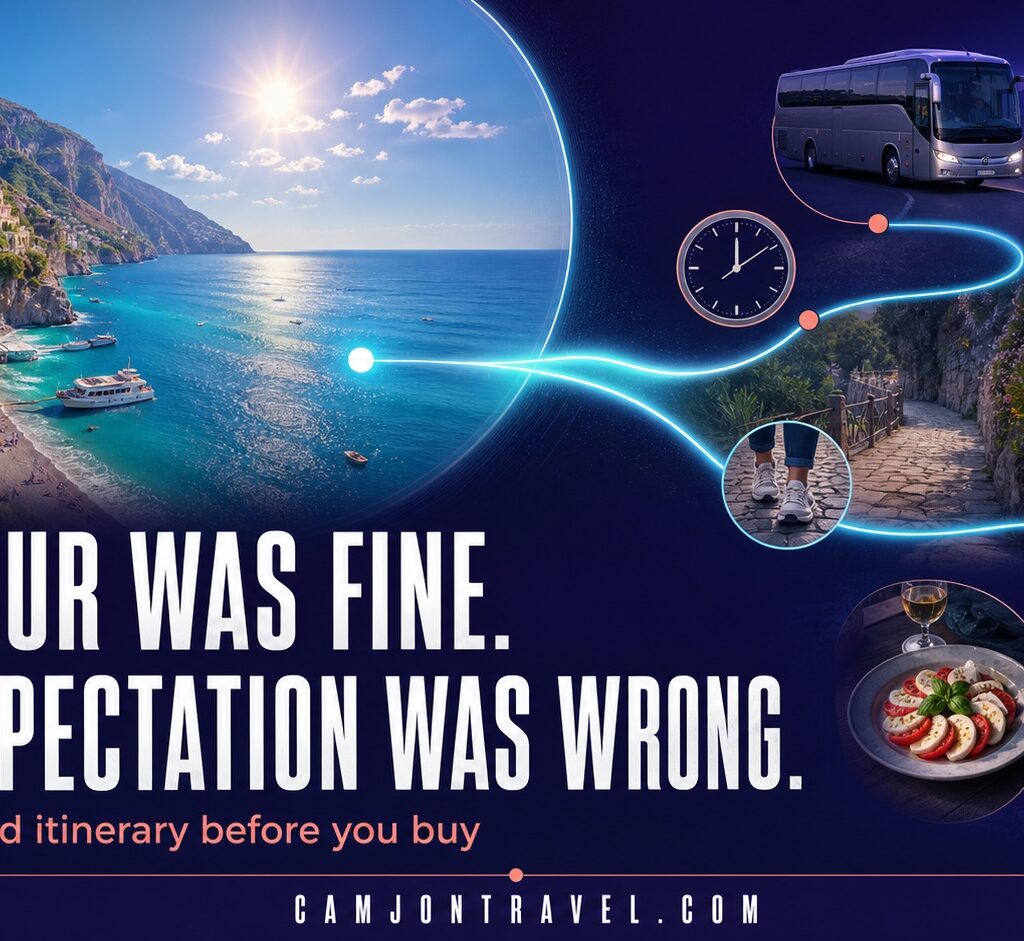 Split-view editorial image contrasting a glossy shore-excursion promise with the real itinerary details behind it
