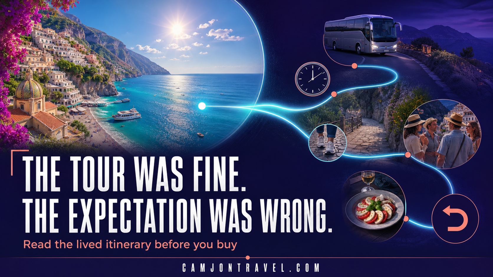 Split-view editorial image contrasting a glossy shore-excursion promise with the real itinerary details behind it
