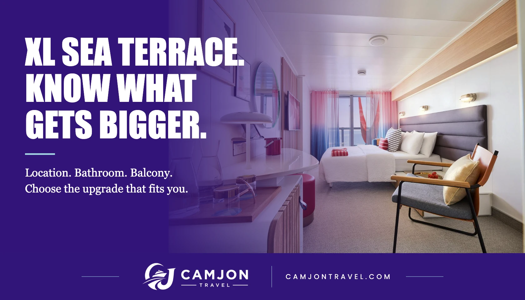 CamJon Travel XL Sea Terrace cover using a genuine Virgin Voyages cabin photograph, titled Know What Gets Bigger.